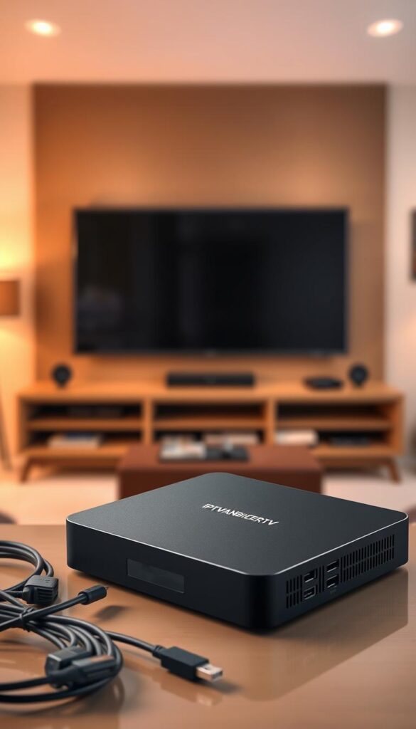A sleek, modern IPTV box prominently displayed in the foreground, showcasing the IPTVANBIETERTV brand. The box has a minimalist, premium design with clean lines and a matte black finish. In the middle ground, various cables, ports, and connectors are visible, highlighting the device's connectivity and versatility. The background features a blurred, warm-toned living room setting, suggesting the box's seamless integration into a home entertainment setup. The lighting is soft and diffused, creating a cozy, inviting atmosphere. The overall composition emphasizes the IPTV box's technological sophistication, ease of use, and compatibility across different devices and environments.