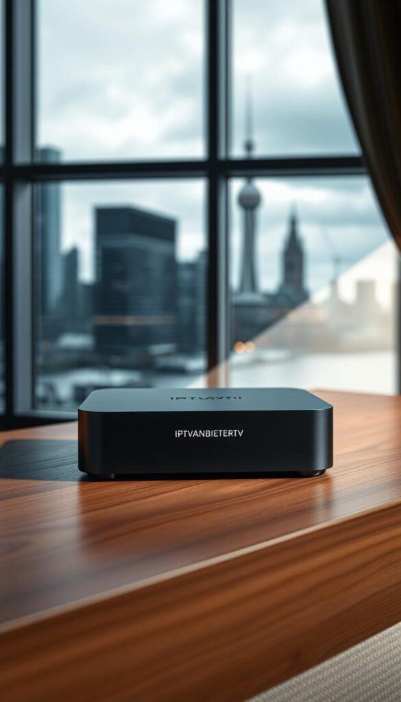A sleek, modern IPTV box sits prominently on a minimalist wooden table, its clean lines and matte black finish exuding a premium aesthetic. Soft, directional lighting illuminates the device, creating subtle shadows that accentuate its form. In the background, a blurred urban skyline of Hamburg's iconic landmarks, like the Elbphilharmonie, can be seen through a large window, hinting at the box's ability to provide a gateway to the world of entertainment. The IPTV box is labeled with the brand name "IPTVANBIETERTV", emphasizing its role as a reliable IPTV provider in the region. The overall scene conveys a sense of sophistication, technology, and the convenience of enjoying content from the comfort of one's home.