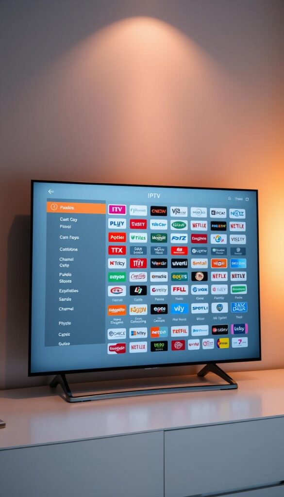 A sleek, modern IPTV channel guide with a clean, intuitive interface. The screen displays a comprehensive list of available channels, organized neatly in rows and columns. The layout is visually appealing, with clear icons and high-quality channel logos. The background features a soft, muted gradient, creating a sense of depth and sophistication. The overall design conveys a premium, professional look and feel, reflecting the reliability and versatility of the IPTVANBIETERTV service. Subtle, ambient lighting enhances the scene, casting a warm, inviting glow. The angle is slightly elevated, providing a birds-eye view of the channel guide, making it easy to navigate and understand at a glance.