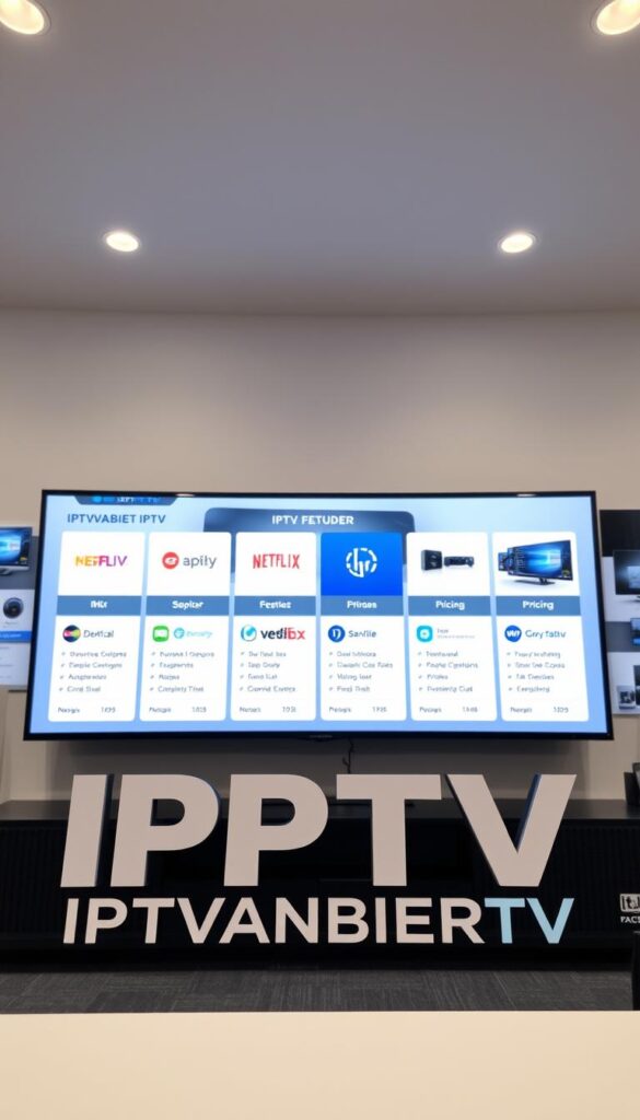 A sleek, modern IPTV comparison interface showcasing various service providers. The foreground features the IPTVANBIETERTV brand logo in a bold, clean design. In the middle ground, a grid of provider cards displays their key features like 4K support, device compatibility, and pricing. The background subtly depicts an array of digital devices, conveying the versatility of IPTV across platforms. The lighting is crisp and evenly distributed, creating a professional, informative atmosphere. The camera angle is slightly elevated, giving the viewer a comprehensive overview of the comparison layout. The color scheme is a harmonious blend of blues, grays, and whites, reflecting the technological nature of the subject matter.