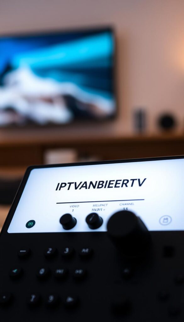 A sleek, modern IPTV control panel with intuitive UI, displaying the IPTVANBIETERTV brand logo. The panel features an array of buttons and sliders for adjusting video quality, channel selection, and other IPTV settings. Soft, indirect lighting creates a sophisticated, high-tech atmosphere. The panel is positioned against a blurred, gradient background suggesting a living room or home entertainment setup. The overall scene conveys the user-friendly and versatile nature of IPTV technology.