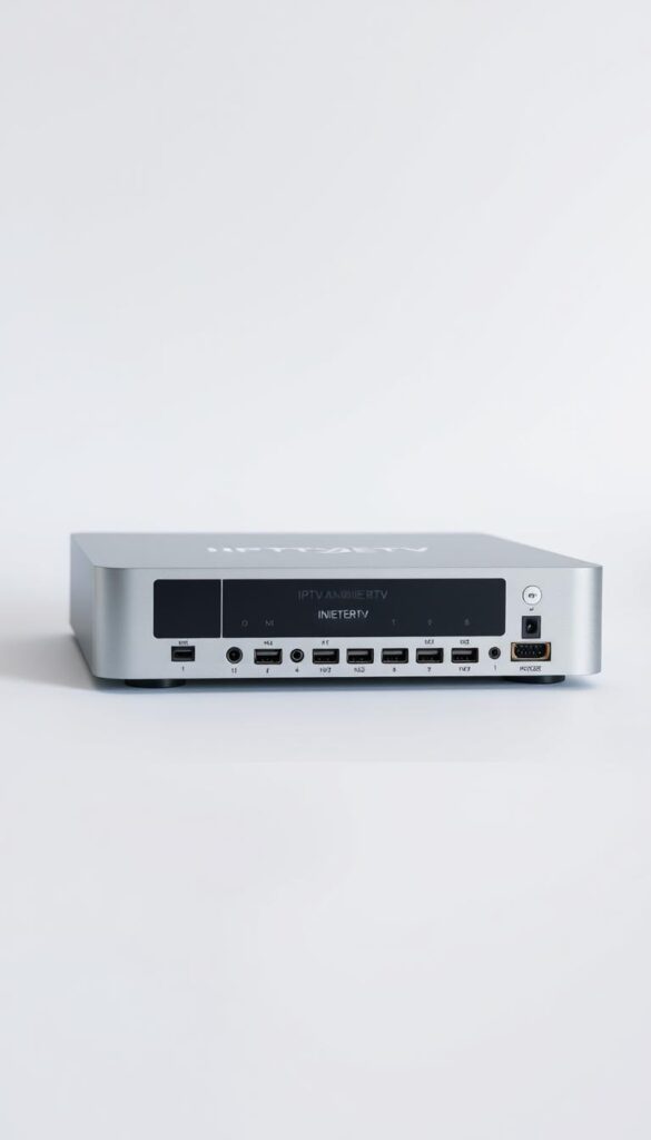 A sleek, modern IPTV device in a minimalist design, showcased against a clean, white backdrop. The device features the "IPTVANBIETERTV" brand name prominently displayed, with a range of input/output ports and connectivity options visible. The image captures the device's versatility, highlighting its compatibility with various media devices and streaming services. The lighting is soft and even, emphasizing the device's high-quality construction and attention to detail. The camera angle is slightly elevated, providing a clear, unobstructed view of the IPTV device and its features.