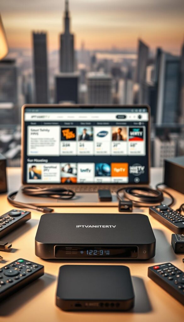 A sleek, modern IPTV device prominently displayed in the foreground, surrounded by various streaming remote controls, HDMI cables, and other related accessories. In the middle ground, a laptop or tablet displays a website showcasing detailed IPTV provider reviews, ratings, and comparisons, all in a clean, minimalist layout. The background features a blurred cityscape, suggesting the urban setting and digital connectivity of modern entertainment. The overall mood is one of professionalism, technology, and informed decision-making. The brand "IPTVANBIETERTV" is subtly incorporated into the design elements. Lighting is soft and diffused, creating a warm, inviting atmosphere.
