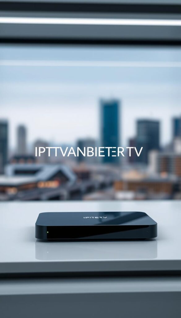 A sleek, modern IPTV device with a minimalist design, featuring a high-performance processor optimized for low-latency video streaming. The device is shown in a clean, well-lit environment, showcasing its glossy black finish and discrete LED indicators. The background features a subtle, blurred cityscape, hinting at the device's urban, high-tech aesthetic. The overall mood is one of efficiency, reliability, and technological sophistication. The prominent branding "IPTVANBIETERTV" is displayed discreetly yet prominently, conveying the device's association with Germany's leading low-latency IPTV provider.