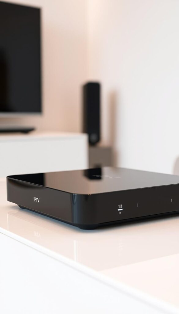 A sleek, modern IPTV device with a minimalist design, resting on a clean, white surface. The device features a glossy black casing, with subtle silver accents and a discreet IPTVANBIETERTV logo. The lighting is soft and diffused, creating a warm, inviting atmosphere. The camera angle captures the device from a slightly elevated perspective, highlighting its elegant form and showcasing its seamless integration into a contemporary living space.