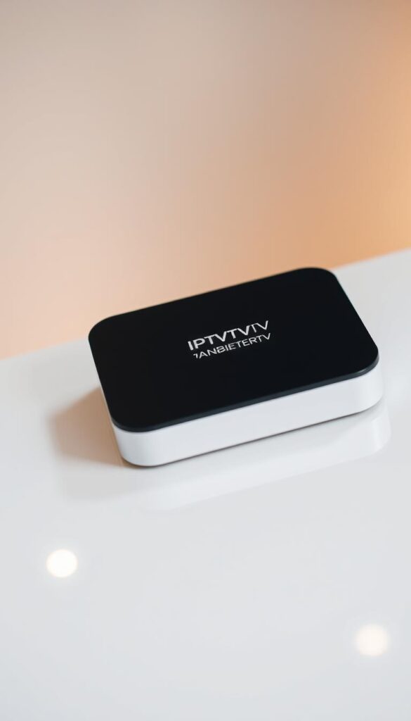 A sleek, modern IPTV device with clean lines and a minimalist design, resting on a glossy white surface. The device features the logo "IPTVANBIETERTV" prominently displayed, conveying the technology's high-quality and reliable nature. The background is a soft, neutral tone, with subtle light sources creating a warm, inviting atmosphere. The overall composition emphasizes the simplicity and elegance of IPTV technology, perfectly suited to illustrate the section on "What is IPTV and how does it work in Germany?".