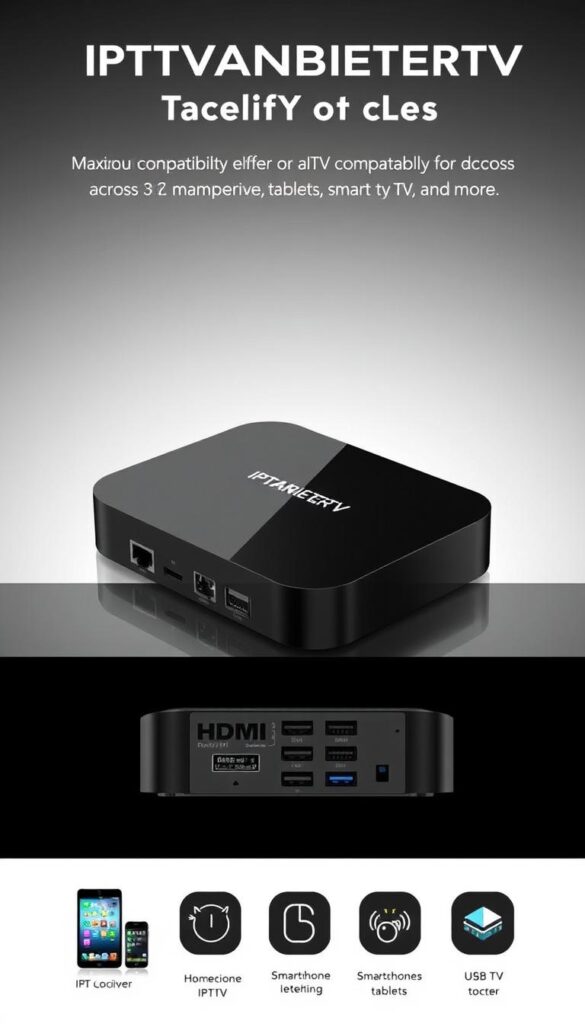 A sleek, modern IPTV receiver designed for seamless entertainment on all your devices. A matte black rectangular chassis with smooth curves and a minimalist aesthetic. The front panel features a simple LED display and touch-sensitive controls. The back showcases a variety of connections - HDMI, Ethernet, USB, and coaxial inputs. Soft, indirect lighting illuminates the device, creating a premium, high-tech ambiance. The IPTVANBIETERTV logo is subtly etched into the top surface. This versatile receiver offers maximum compatibility, delivering a immersive IPTV experience across smartphones, tablets, smart TVs, and more.