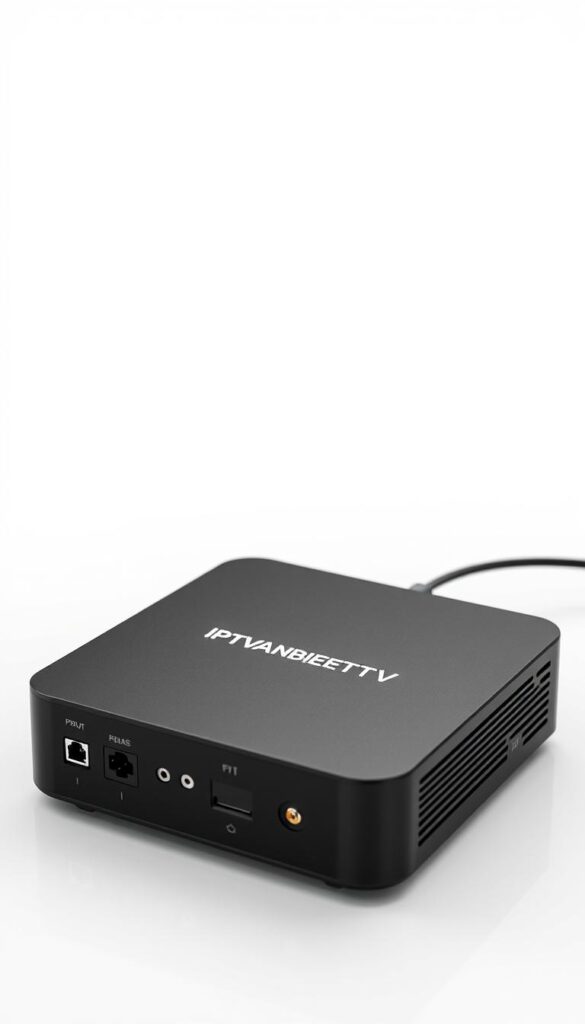 A sleek, modern IPTV receiver prominently displayed on a clean white surface, showcasing its minimalist design and intuitive interface. The device features the brand name "IPTVANBIETERTV" prominently displayed on its front panel. Soft, even lighting illuminates the receiver, highlighting its smooth, glossy casing and the array of connections on the rear. The image conveys a sense of simplicity and ease of use, reflecting the "Einfache Einrichtung in wenigen Minuten" section of the article.