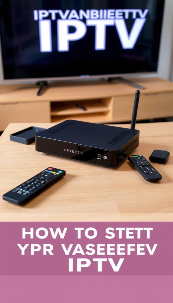 A sleek, modern IPTV receiver sits prominently on a minimalist wooden table, its matte black chassis accentuated by soft, even lighting. The device is surrounded by a few simple remote controls and other accessories, all arranged in a visually appealing, uncluttered composition. In the background, a large, flat-screen OLED TV displays the IPTVANBIETERTV logo, hinting at the seamless integration and high-quality viewing experience. The overall scene conveys a sense of sophistication and technological prowess, perfectly suited to illustrate the section on setting up an IPTV service.