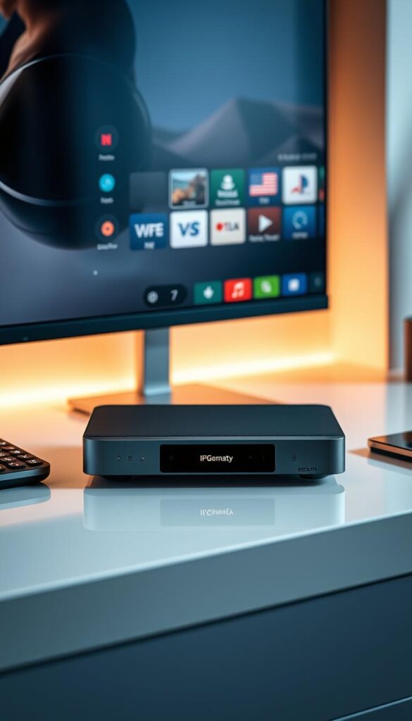 A sleek, modern IPTV recorder device displayed prominently on a stylish, minimalist desktop setup. The device has a clean, sophisticated design with smooth edges and a matte finish, complementing the minimalist aesthetic. The setup includes a high-resolution monitor or display, showcasing the IPTV interface and user experience. The lighting is soft and directional, creating a warm, inviting atmosphere. The overall composition emphasizes the simplicity and convenience of the IPTV recorder, reflecting the brand identity of IPTVANBIETERTV as a leading provider of premium IPTV services in Germany.