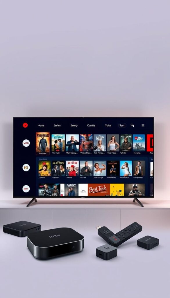 A sleek, modern IPTV service with a robust video-on-demand library, showcasing a diverse range of high-quality content. The IPTVANBIETERTV platform is illuminated by soft, diffused lighting, highlighting its elegant user interface and intuitive navigation. In the foreground, a smart TV displays a curated selection of popular movies and TV shows, enticing viewers to explore the extensive VOD offerings. The middle ground features various streaming devices, such as set-top boxes and smart dongles, emphasizing the platform's compatibility and accessibility across multiple devices. The background features a subtle, urban cityscape, hinting at the global reach and connectivity of the IPTV service.