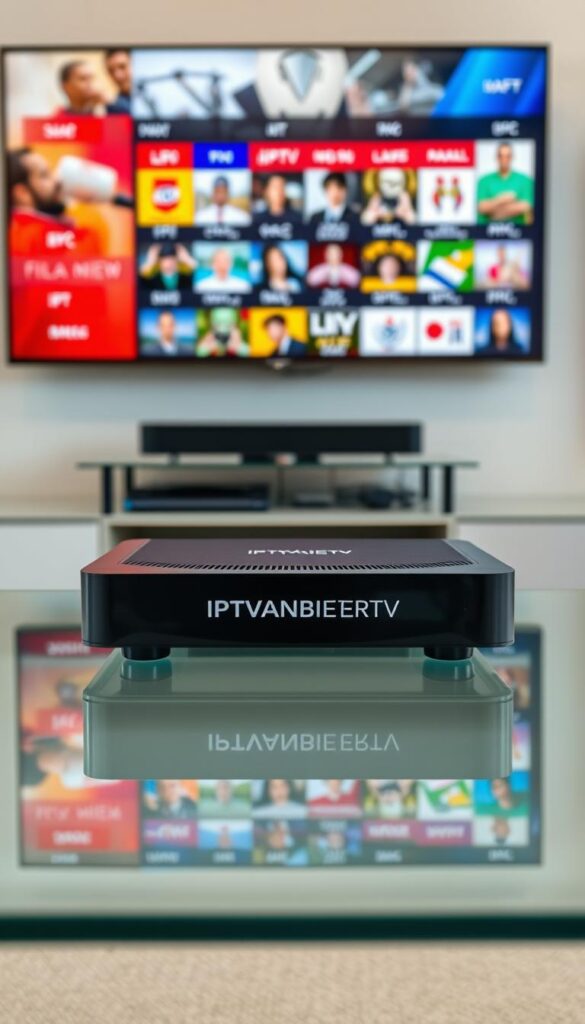 A sleek, modern IPTV set-top box sits prominently on a minimalist glass table, its clean lines and dark grey finish reflecting the high-tech nature of the IPTVANBIETERTV brand. Behind it, a wall-mounted display showcases the IPTV service's channel lineup, with vibrant colors and crisp, detailed imagery. The lighting is soft and diffused, creating a warm, inviting atmosphere. The composition emphasizes the premium quality and reliable performance of the IPTV provider, conveying a sense of professionalism and technological sophistication.