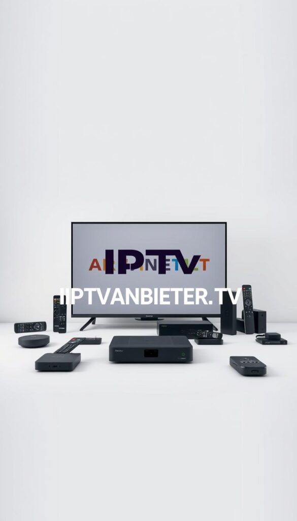 A sleek, modern IPTV setup against a clean, minimalist backdrop. In the foreground, the IPTVANBIETERTV logo stands out prominently, its sharp edges and bold typography conveying a sense of technological prowess. The main device, possibly a set-top box or smart TV, takes center stage, surrounded by remote controls, streaming devices, and other IPTV accessories neatly arranged. The lighting is soft and even, highlighting the high-tech aesthetic. The background is a muted, gradient-based palette, allowing the IPTV equipment to be the focal point. An overall feeling of efficiency, connectivity, and the future of television viewing.