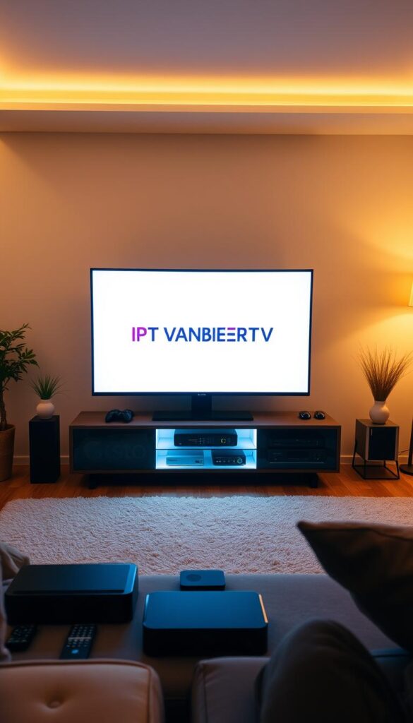 A sleek, modern IPTV setup in a cozy living room in North Rhine-Westphalia, Germany. A large flatscreen TV displays the IPTVANBIETERTV logo, surrounded by neatly arranged set-top boxes, remotes, and other streaming equipment. Warm, indirect lighting creates a welcoming atmosphere. The room is adorned with minimal, Scandinavian-inspired furniture and decor, reflecting the reliable and user-friendly nature of the IPTV service. The scene conveys a sense of effortless entertainment and seamless home technology integration.