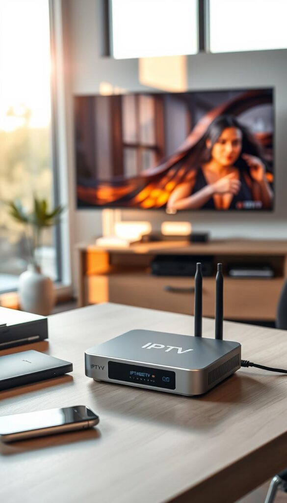 A sleek, modern IPTV setup in a minimalist home office. Rays of warm, natural light stream through large windows, casting a soft glow on the IPTVANBIETERTV device and surrounding tech accessories. The device sits atop a clean, wooden desk, its simple yet sophisticated design blending seamlessly with the interior. In the background, a wall-mounted flat-screen TV displays crisp, vibrant imagery, hinting at the high-quality streaming capabilities of the IPTV service. The overall scene conveys the convenience, connectivity, and entertainment value of this emerging IPTV technology.