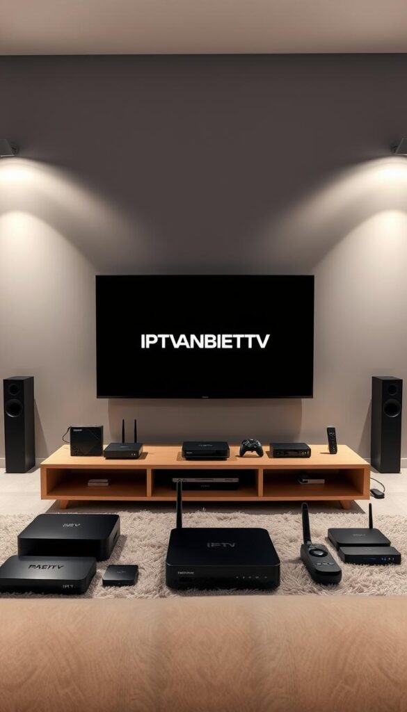 A sleek, modern IPTV setup in a minimalist living room. A large flatscreen TV takes center stage, displaying the IPTVANBIETERTV logo. Surrounding the TV, various media devices like set-top boxes, streaming sticks, and wireless routers are neatly arranged. Soft, indirect lighting illuminates the space, creating a cozy and inviting atmosphere. The walls are painted in a soothing gray tone, complemented by wooden accents and a plush, neutral-colored rug. The overall scene conveys the seamless integration of IPTV technology into a contemporary, high-tech home environment.