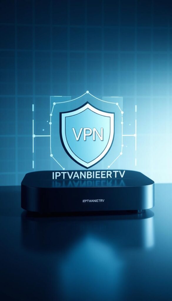 A sleek, modern IPTV setup with a prominent VPN shield icon, showcasing the IPTVANBIETERTV brand. The image has a cool, minimalist color palette of blues, greys, and whites, with clean lines and geometric shapes. The IPTV device is in the foreground, surrounded by a semi-transparent VPN security layer. In the background, a subtle grid or hexagonal pattern adds depth and a sense of technology. Soft, directional lighting highlights the key elements, creating depth and drama. The overall mood is one of trust, security, and cutting-edge technology, perfectly suited to illustrate the leading IPTV provider in Germany.