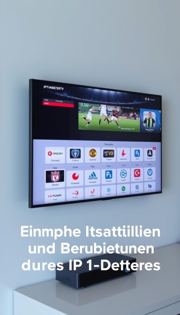A sleek, modern IPTVANBIETERTV control panel displayed on a high-resolution screen, showcasing a clean and intuitive user interface with simple menu options and icons. The display is well-lit, with soft, even lighting that highlights the various sports channel logos and live game footage. The background is minimalist, with a subtle gradient or blurred effect to draw the viewer's attention to the central display. The overall composition conveys a sense of simplicity, efficiency, and professionalism, reflecting the "Einfache Installation und Bedienung unseres IPTV-Dienstes" theme.