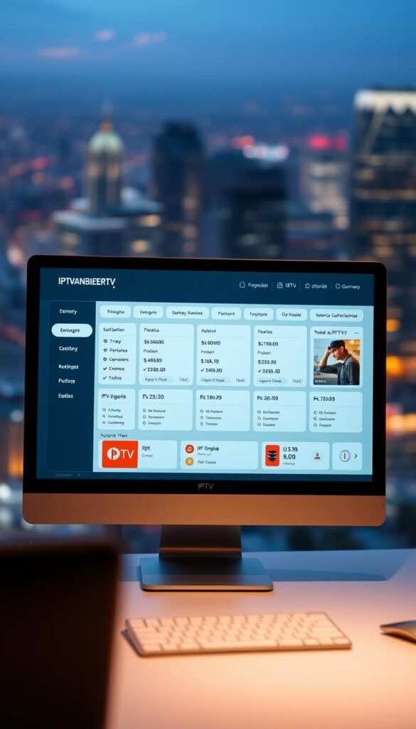 A sleek, modern IPTVANBIETERTV dashboard presented on a high-resolution computer screen. The interface showcases a clean, minimalist design with intuitive navigation and pricing information for various IPTV subscription tiers. The screen is bathed in a soft, warm lighting that creates a professional, yet inviting atmosphere. The background features a blurred cityscape, hinting at the wide geographic coverage and accessibility of the IPTV service. The overall composition conveys a sense of technological sophistication, transparency, and user-friendly experience for prospective IPTV customers in Germany.