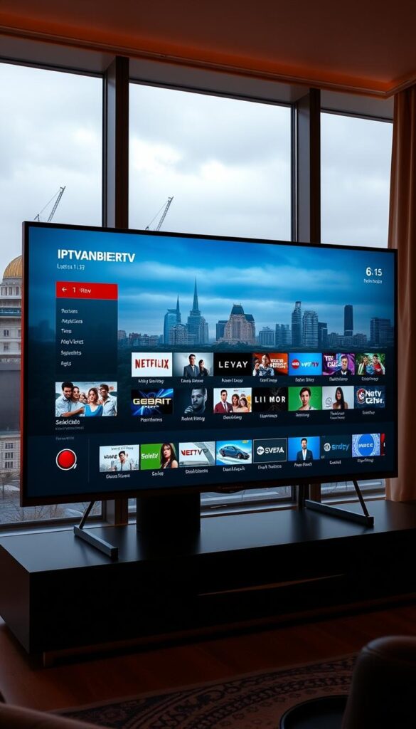 A sleek, modern IPTVANBIETERTV interface displayed on a high-definition television screen, showcasing the vast selection of live and on-demand content available for viewers in Deutschland. The screen is bathed in a warm, ambient lighting, creating a cozy and inviting atmosphere. The user interface features clean, minimalist design elements, with intuitive navigation menus and crisp, high-quality graphics. In the background, a cityscape of a vibrant German metropolis can be seen through a large window, hinting at the global reach and connectivity of the IPTV service. The overall composition conveys the convenience, accessibility, and the wealth of entertainment options that IPTV offers to households across Germany.