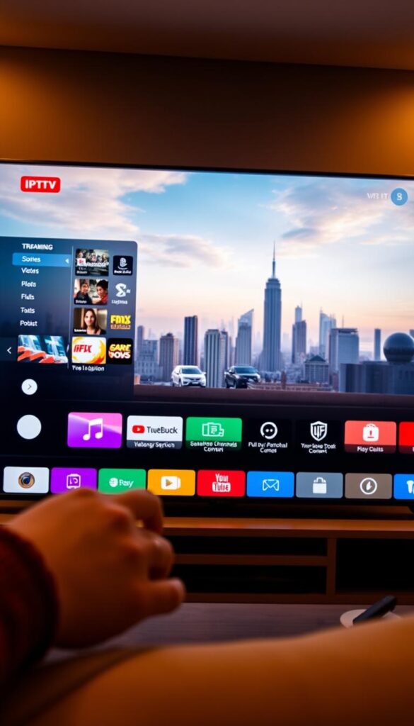 A sleek, modern IPTVANBIETERTV interface showcases the advantages of IPTV over traditional TV services. The screen displays crisp, vibrant visuals with a wide range of channels and on-demand content. In the foreground, intuitive controls and a clean, minimalist design invite interaction. The middle ground features various icons representing IPTV's key benefits - seamless streaming, personalized recommendations, and flexible viewing options. The background depicts a serene, futuristic cityscape, hinting at the advanced technology powering the IPTV experience. Warm, diffused lighting creates a welcoming atmosphere, highlighting the convenience and entertainment IPTV offers over conventional television.