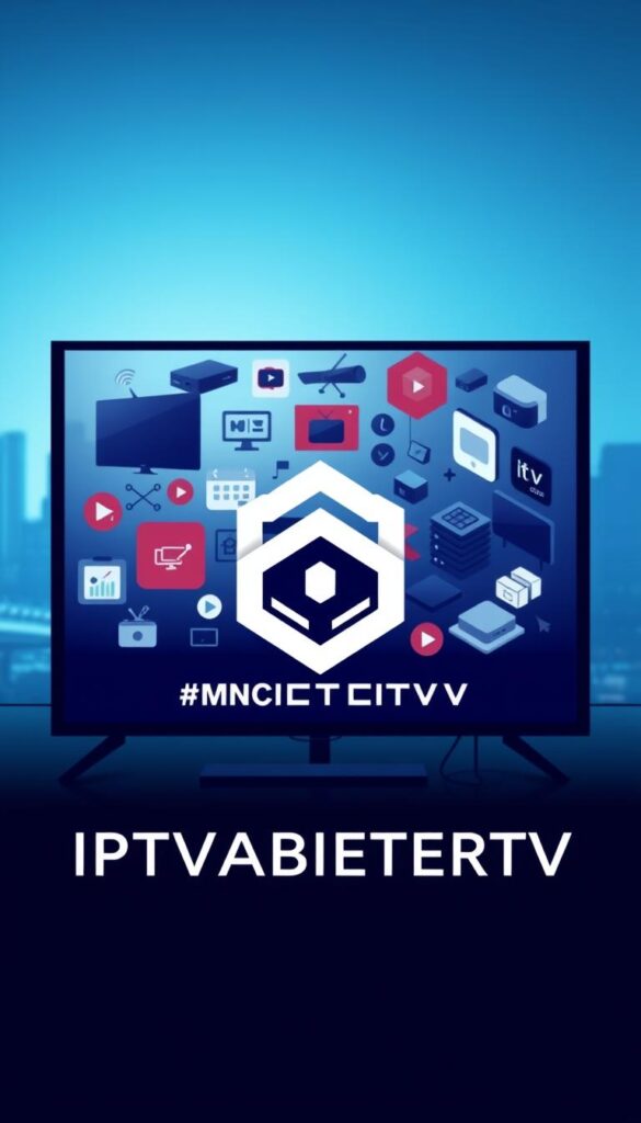 A sleek, modern IPTVANBIETERTV logo prominently displayed in the foreground, rendered in a minimalist, high-contrast style with clean lines and a bold, geometric design. In the middle ground, a collage of various IPTV service icons, streaming devices, and network infrastructure elements, all depicted in a stylized, isometric perspective to create a sense of depth and sophistication. The background features a subtle cityscape silhouette, hinting at the urban, tech-savvy setting, bathed in a cool, blue-tinted lighting that evokes a sense of professionalism and reliability. The overall composition conveys the reliable, cutting-edge nature of the IPTV industry in Germany, catering to the tech-savvy consumer.
