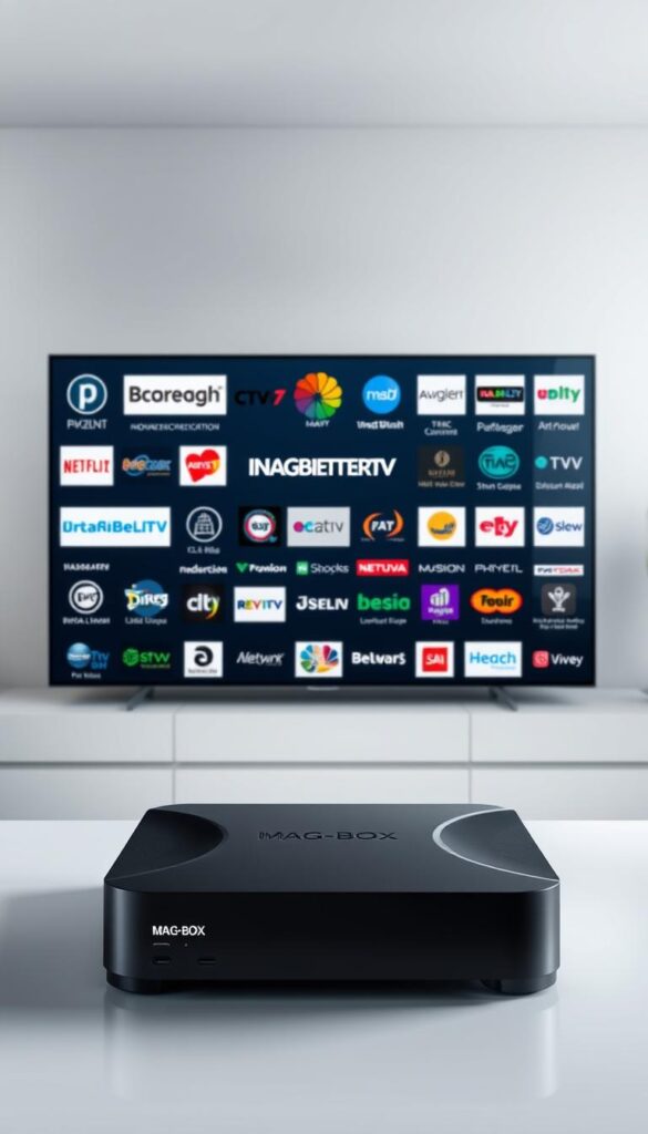 A sleek, modern MAG-Box IPTV device prominently displayed in the foreground, showcasing its cutting-edge design and capabilities. In the middle ground, a dynamic array of IPTV service logos, including the brand "IPTVANBIETERTV", highlighting the diverse range of providers compatible with the MAG-Box. The background features a clean, minimalist studio setup with soft, diffused lighting, creating a professional and inviting atmosphere. The overall composition conveys the reliability, versatility, and technological advancements of the MAG-Box IPTV solution for the German market.