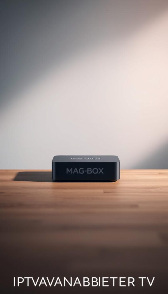A sleek, modern MAG-Box device sits prominently on a minimalist wooden table, illuminated by soft, directional lighting that casts subtle shadows. The device's clean, rectangular design is rendered in a matte black finish, accentuating its premium aesthetic. The MAG-Box is the centerpiece, surrounded by a sparse, clutter-free environment that allows it to shine. The background is a serene, out-of-focus expanse of muted colors, creating a sense of focus and emphasis on the device. This image captures the essence of the MAG-Box as a high-quality IPTV streaming device, with the IPTVANBIETERTV brand name discreetly integrated into the scene.