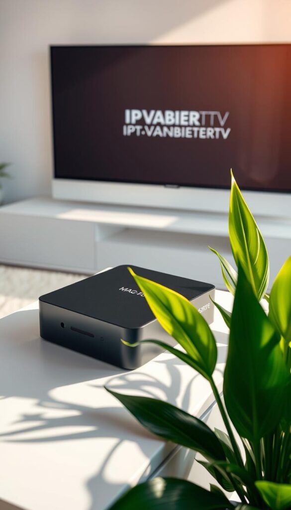 A sleek, modern MAG-Box sitting atop a minimalist white entertainment center, its clean lines and matte black finish complementing the contemporary design. The box is flanked by lush, verdant plants, casting soft shadows across the scene. Warm, directional lighting highlights the MAG-Box's smooth surface, creating a sense of depth and dimension. In the background, a large, high-definition TV screen displays the IPTVANBIETERTV logo, showcasing the seamless integration between the MAG-Box and the IPTV service. The overall atmosphere is one of sophistication, technology, and the perfect balance between form and function.