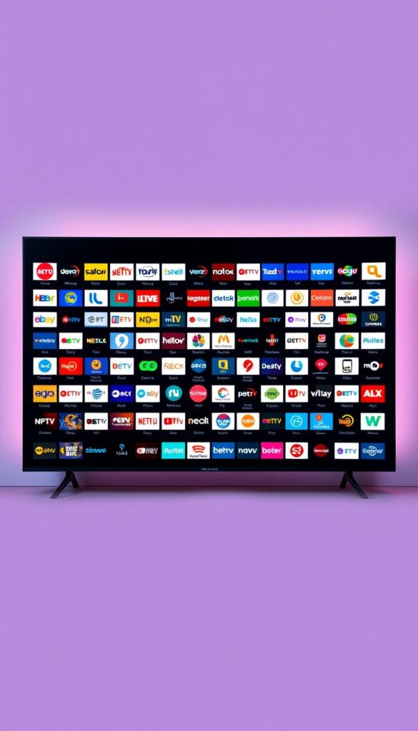 A sleek, modern TV screen displaying an expansive grid of channel logos, representing the diverse IPTV senderangebot (channel offering) of IPTVANBIETERTV. The screen is framed by a minimalist, high-tech aesthetic, with clean lines and a dark, sophisticated color palette. Subtle backlighting accentuates the channel icons, creating depth and visual interest. The overall composition conveys a sense of comprehensive entertainment options, catering to a wide range of viewer preferences. The image exudes a polished, professional, and technology-forward atmosphere, reflecting the premium service offered by IPTVANBIETERTV.