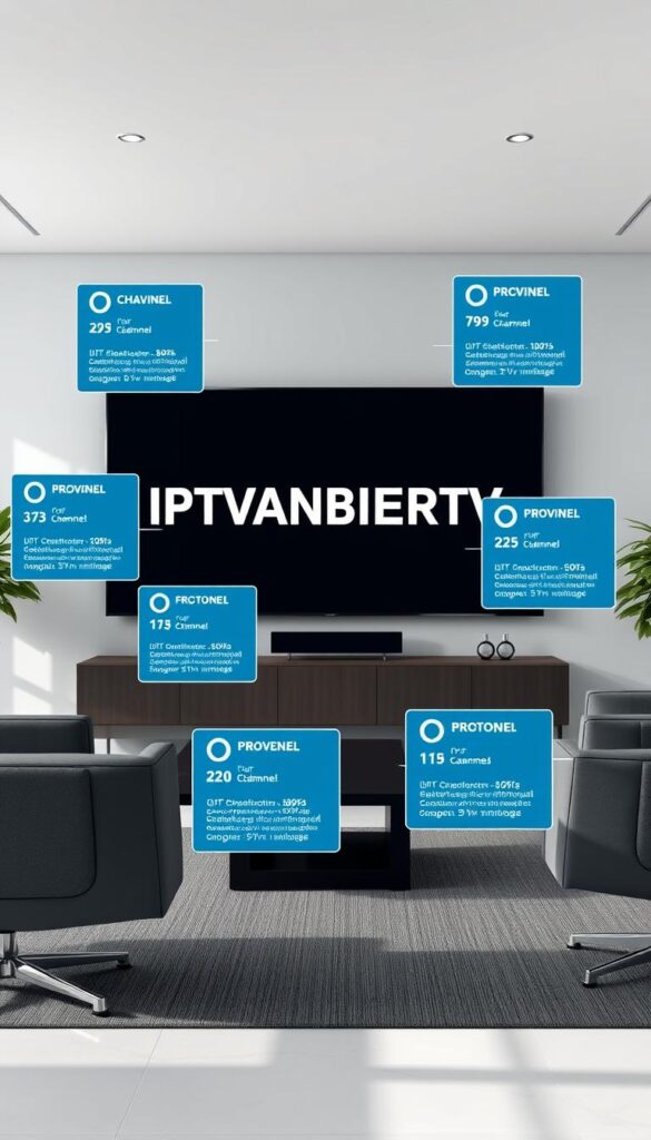 A sleek, modern and visually compelling comparison of the top 5 IPTV providers in Germany. The scene depicts a minimalist office setting with a large central display showcasing the IPTVANBIETERTV brand name in a clean, bold typography. Surrounding the display are floating information cards providing key details about each provider, such as channel selections, pricing, device compatibility and customer ratings. The cards are arranged in a dynamic, asymmetrical layout, creating a sense of visual interest and hierarchy. The lighting is bright and natural, with soft shadows and highlights accentuating the modern, high-tech aesthetic. The overall mood is professional, informative and visually striking, effectively communicating the comprehensive nature of the IPTV provider comparison.