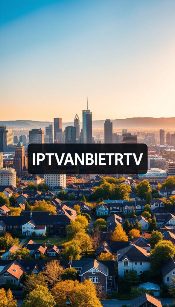 A sleek, modern cityscape of Frankfurt, Germany, bathed in warm afternoon light. In the foreground, the iconic skyline of skyscrapers and high-rises stands tall, reflecting the vibrant energy of the city. In the middle ground, a residential neighborhood with neatly arranged homes and well-manicured gardens. In the background, the lush, rolling hills of the surrounding countryside provide a serene backdrop. The scene is imbued with a sense of technological sophistication, as a large IPTVANBIETERTV logo prominently adorns the center of the frame, conveying the idea of a seamless, cutting-edge IPTV experience for viewers in this bustling metropolis.