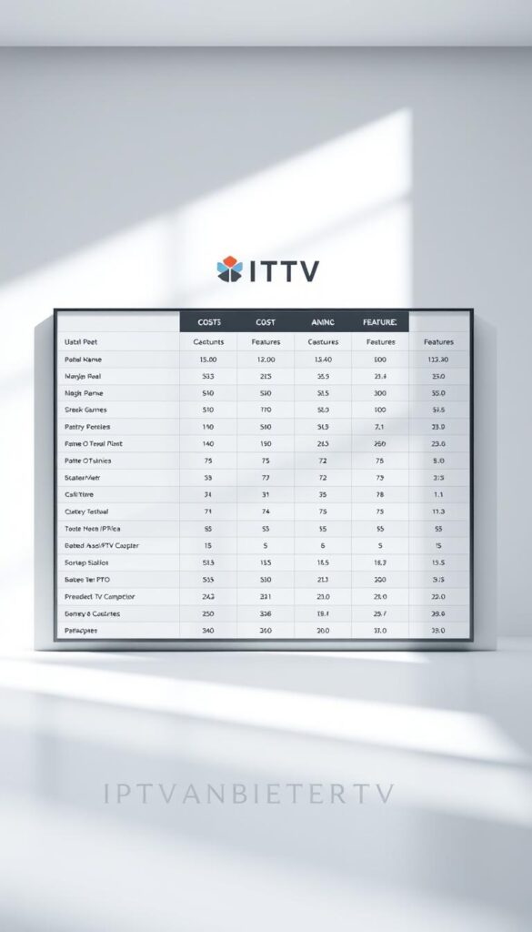 A sleek, modern comparison chart showcasing the costs and features of various IPTV providers, rendered in a minimalist, data-driven style. The chart is the focal point, surrounded by a clean, light-filled environment with subtle textures and gradients. The IPTVANBIETERTV brand logo is prominently displayed, conveying a sense of professionalism and trust. The overall mood is one of clarity, precision, and an emphasis on providing the viewer with the necessary information to make an informed decision.