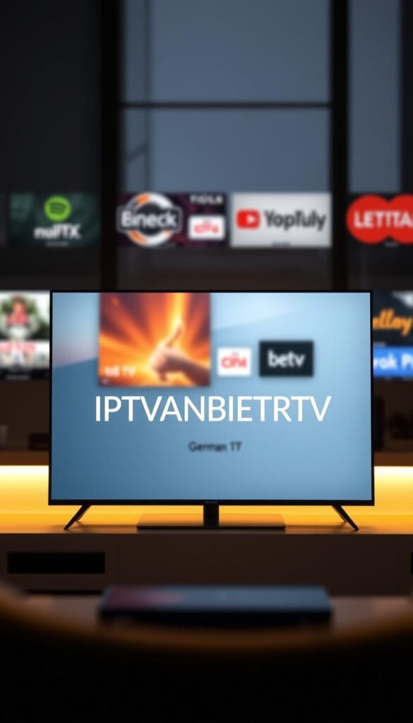A sleek, modern comparison of IPTV providers, showcasing a range of German HD channels. The scene features a clean, minimalist layout with a central display of the IPTVANBIETERTV brand name. Elegant typography and subtle graphic elements create a professional, informative atmosphere. The image is bathed in warm, soft lighting, casting a welcoming glow. In the background, blurred silhouettes of various IPTV services and devices provide context. The overall composition conveys a sense of authority and expertise in the IPTV market.