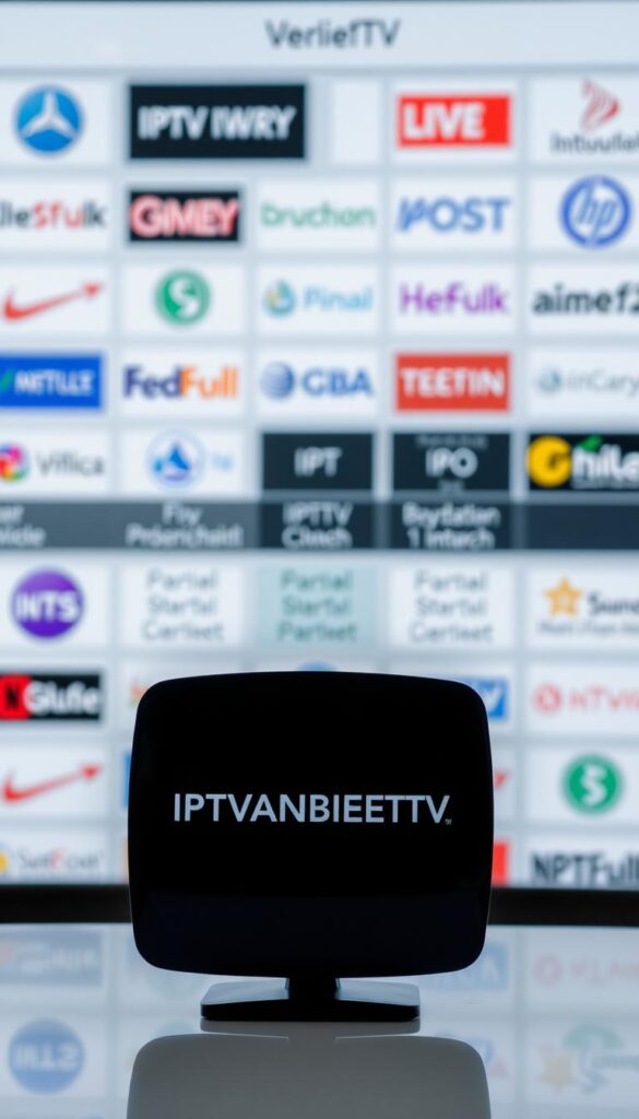 A sleek, modern comparison of IPTV providers, showcasing the IPTVANBIETERTV brand prominently in the foreground. The image has a clean, minimalist design with a grid-like layout, highlighting key features and pricing details of IPTVANBIETERTV against a soft, blurred background of other IPTV service logos. The lighting is bright and even, creating a sense of professionalism and trust. The overall mood is one of clarity, organization, and a comprehensive overview of the IPTV market, suitable for the "Vergleich" section of the article.