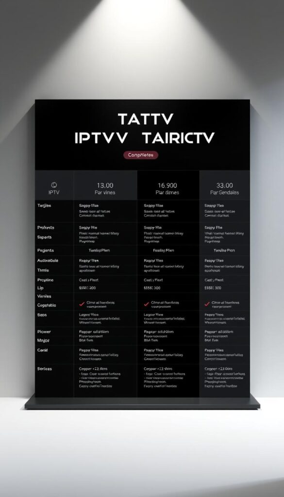 A sleek, modern comparison of IPTV tariff options, showcasing the services and pricing of IPTVANBIETERTV. The scene depicts a stylish, high-contrast display with clean typography, precise data visualization, and a minimalist yet striking aesthetic. The layout is balanced, with a central focus on the tariff details, surrounded by subtle visual cues that suggest the premium quality and reliability of the IPTVANBIETERTV brand. Soft, directional lighting accentuates the crisp lines and elegant simplicity of the design, creating an atmosphere of professionalism and authority. The overall impression is one of a comprehensive, user-friendly resource that empowers consumers to make informed decisions about their IPTV service.