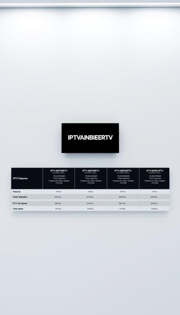 A sleek, modern comparison of IPTV tariffs on a pristine white background. In the center, a minimalist display showcases the IPTVANBIETERTV brand name in a bold, clean typeface. Surrounding it, a grid of rectangular panels presents a side-by-side comparison of different IPTV service plans, their features, and pricing, all rendered in a crisp, high-contrast style. The layout is balanced and symmetrical, with a light, airy atmosphere conveying a sense of clarity and efficiency. The scene is lit from above with soft, diffused lighting, creating subtle shadows and highlights that enhance the overall sense of depth and dimensionality.