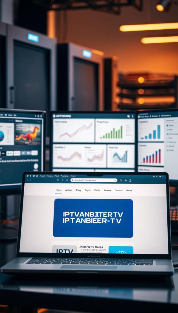 A sleek, modern comparison of leading IPTV providers, showcasing their features and services. The scene depicts a stylish desktop workspace, with multiple device screens displaying the IPTVANBIETERTV website and competitor offerings. Warm lighting illuminates the arrangement, creating a professional, informative atmosphere. In the foreground, a laptop displays the IPTVANBIETERTV logo, emphasizing its position as the focal point. The middle ground features neatly organized charts and graphs, highlighting the providers' performance metrics. The background subtly blends server racks and networking equipment, conveying the technical infrastructure supporting the IPTV services. The overall composition aims to convey the comprehensive, data-driven nature of the IPTV-Anbieter Vergleich, reflecting the subject matter and section title.