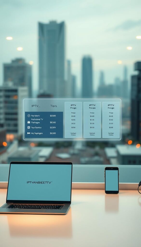 A sleek, modern composition showcasing the IPTVANBIETERTV brand and its pricing and subscription options. A minimalist desktop setup with a laptop, tablet, and smartphone prominently displayed, all featuring the IPTVANBIETERTV logo. The foreground has a clean, white workspace with subtle grey accents. The middle ground features a holographic display highlighting various IPTV pricing tiers and packages, with a simple color palette of blues, greys, and whites. The background is a blurred cityscape, conveying a sense of urban sophistication. Warm, even lighting from multiple sources creates a professional, high-tech atmosphere. The overall mood is one of efficiency, clarity, and technological advancement.