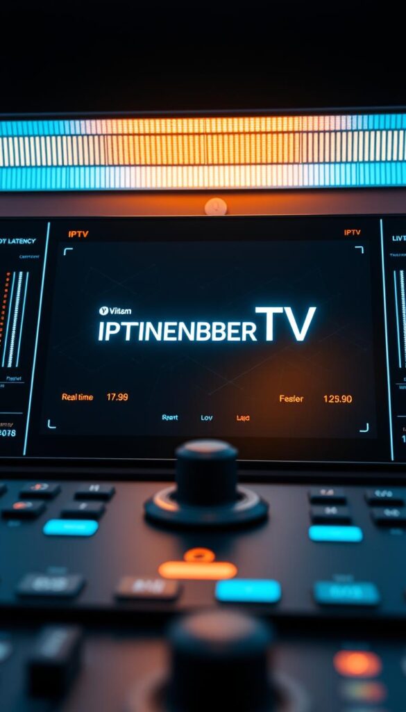 A sleek, modern control panel displaying the IPTVANBIETERTV logo, surrounded by visual indicators of low latency, such as pulsing signals, real-time data visualizations, and minimalist user interface elements. The panel is backlit with a warm, inviting glow, creating a sense of technological sophistication and efficiency. The scene is captured with a cinematic, slightly low-angle perspective, emphasizing the advanced nature of the IPTV technology. The overall mood is one of cutting-edge innovation, seamless connectivity, and a commitment to delivering an exceptional viewing experience with minimal lag.