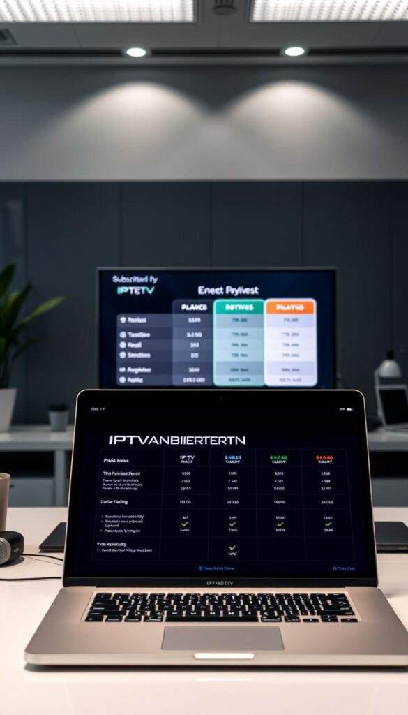 A sleek, modern desktop setup showcasing the IPTVANBIETERTV pricing comparison. In the foreground, a laptop displays a detailed breakdown of IPTV subscription plans, featuring clean typography and intuitive layout. The middle ground features an elegant monitor displaying a visually appealing price comparison chart, accentuated by soft, indirect lighting. The background depicts a minimalist, professional office setting with hints of greenery, creating a soothing, productivity-focused atmosphere. The overall composition conveys a sense of informative clarity and visual appeal, perfectly suited to illustrate the "Die Preisstruktur von iptvanbietertv.com im Detail" section.