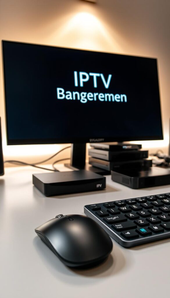 A sleek, modern desktop setup with a high-resolution display showcasing a clean, minimalist interface. The screen displays the text "IPTV Grundlagen" in a bold, elegant typeface. Subtle lighting casts a warm glow, creating a professional and inviting atmosphere. In the foreground, a wireless mouse and keyboard sit neatly on a smooth, matte surface. In the background, a neatly organized array of IPTVANBIETERTV streaming devices, highlighting the versatility and connectivity of IPTV technology. The scene conveys a sense of clarity, simplicity, and the power of IPTV as a modern media solution.