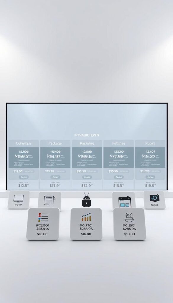 A sleek, modern diagram showcasing the IPTV tarifoptionen (pricing options) for IPTVANBIETERTV. The image has a clean, minimalist aesthetic with a light, airy color palette. In the foreground, various IPTV package icons are displayed, each with clear pricing details and feature breakdowns. The middle ground features a simple grid layout highlighting the different tiers, while the background incorporates subtle geometric patterns and gradients to create depth and visual interest. The overall composition is balanced, with ample negative space to make the key information stand out. The lighting is soft and diffused, creating a professional, high-quality appearance suitable for an article on IPTV services.