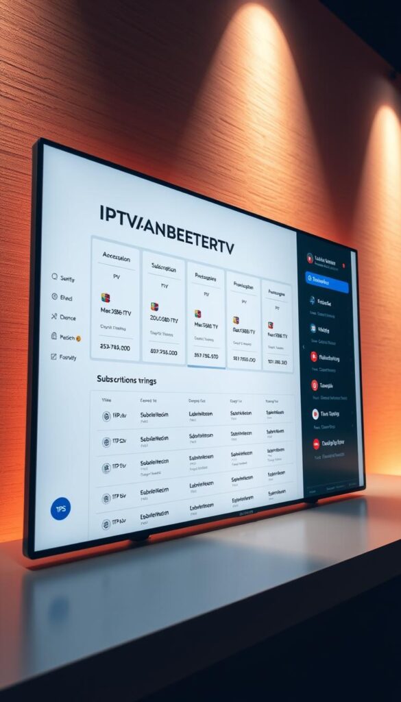A sleek, modern digital dashboard displaying the IPTVANBIETERTV brand name, showcasing a range of subscription packages and pricing options for German IPTV services. The interface features a clean, minimalist design with bold typography, crisp icons, and intuitive menus. The background is subtly textured, suggesting high-quality materials and a premium feel. Warm, directional lighting casts a soft glow, creating a sense of professionalism and reliability. The composition emphasizes the breadth of subscription choices, conveying the comprehensive nature of the IPTV service provider's offerings.