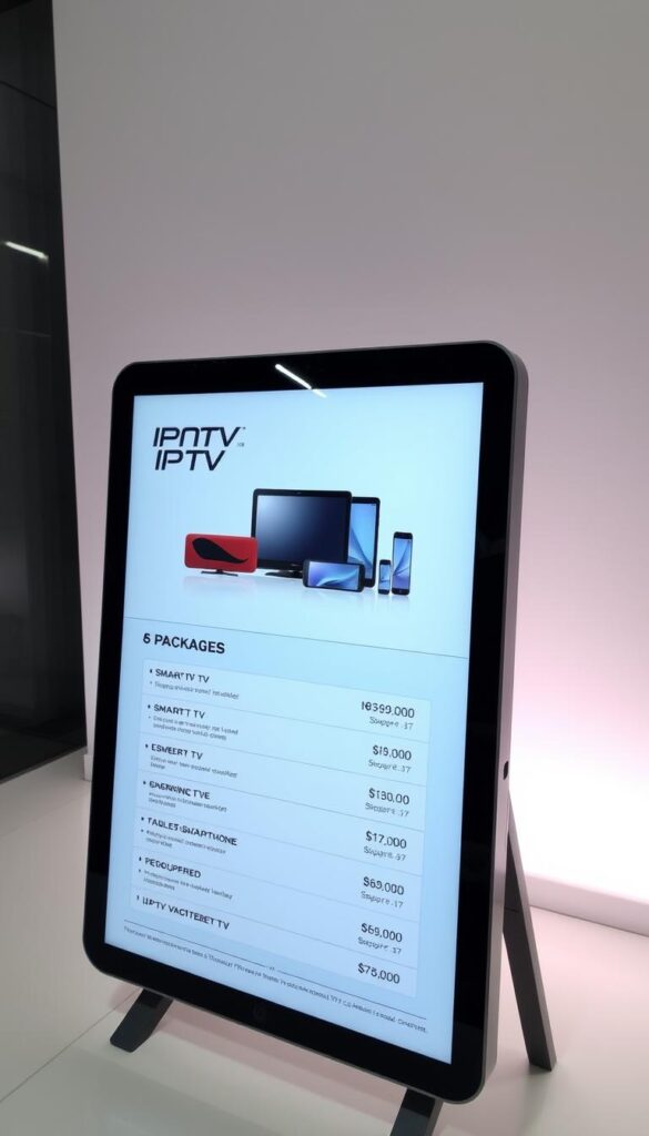 A sleek, modern digital display showcasing the pricing details of IPTV packages from IPTVANBIETERTV. The foreground features a clean, minimalist layout with bold, legible typography highlighting the key package options and their respective prices. The middle ground showcases the various devices supported, such as smart TVs, tablets, and smartphones, in a harmonious arrangement. The background has a subtle gradient or texture that evokes a sense of technology and connectivity, complementing the overall aesthetic. The lighting is soft and even, creating a professional, high-quality appearance. The camera angle is slightly elevated, providing a clear, unobstructed view of the pricing information.