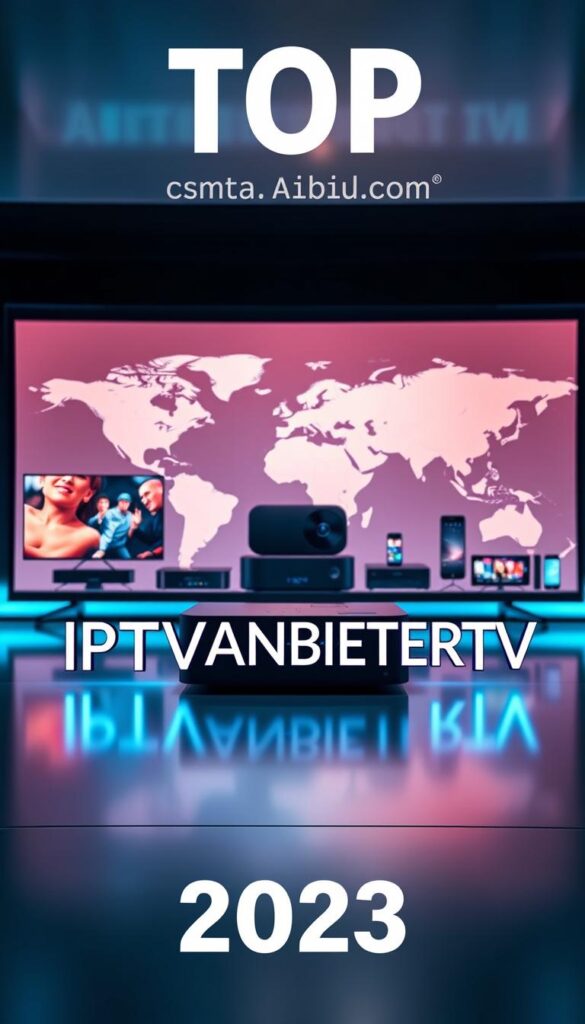 A sleek, modern digital display showcasing the top IPTV service provider for 2023. The foreground features the brand name "IPTVANBIETERTV" in a bold, minimalist font, casting a soft, ambient glow. The middle ground showcases various streaming devices, including smart TVs, set-top boxes, and mobile devices, emphasizing the service's multi-platform accessibility. The background depicts a stylized world map, hinting at the global reach and diverse content library of the IPTV service. The overall composition conveys a sense of premium quality, technological innovation, and widespread availability, reflecting the "IPTV Abonnement Testsieger" designation.