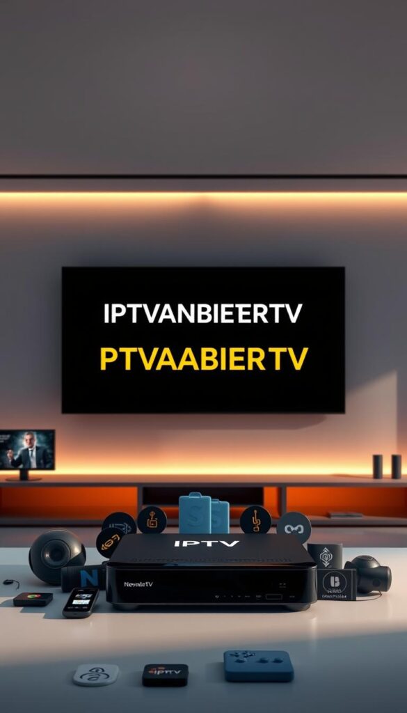 A sleek, modern digital entertainment hub featuring the IPTVANBIETERTV brand prominently displayed. The hub is set against a minimalist, high-tech backdrop with a clean, futuristic aesthetic. Soft, indirect lighting casts a warm glow, creating an inviting atmosphere. In the foreground, various IPTV-related icons and graphics are artfully arranged, hinting at the wide range of legal streaming options available. The composition is balanced, with the IPTVANBIETERTV branding as the focal point, surrounded by subtle visual cues that convey the legal and reputable nature of the service. The overall impression is one of reliability, accessibility, and cutting-edge technology.