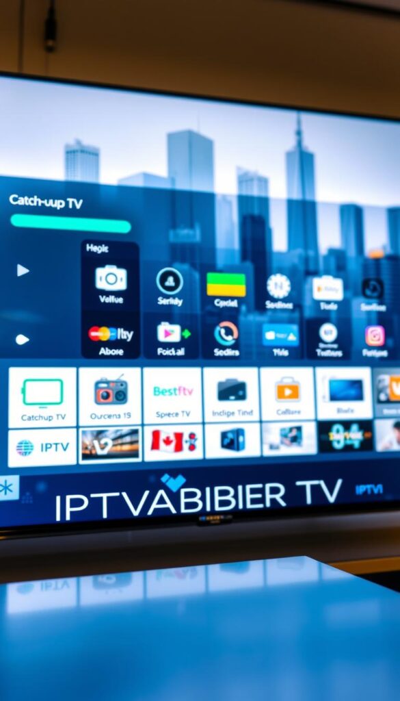 A sleek, modern digital interface showcasing a comprehensive IPTV provider comparison. The foreground features the prominent "IPTVANBIETERTV" brand logo, presented with a clean, minimalist aesthetic. In the middle ground, a grid of IPTV service icons and thumbnails, each highlighting the key features like Catch-up TV. The background depicts a geometric cityscape, hinting at the urban digital landscape. The lighting is soft and diffused, creating a professional, informative atmosphere. The camera angle is slightly elevated, conveying a sense of authority and expertise. The color palette is a harmonious blend of blues, grays, and whites, reflecting the technological nature of the subject matter.
