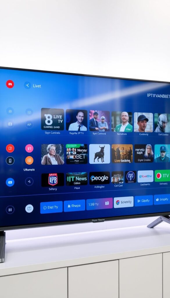 A sleek, modern digital interface showcasing the IPTVANBIETERTV brand as the leading IPTV provider in Germany. The screen displays a wide selection of live TV channels, on-demand content, and intuitive navigation options. The layout is clean and uncluttered, with high-definition visuals and a seamless user experience. The color palette features shades of blue and gray, conveying a sense of professionalism and reliability. The scene is illuminated by soft, directional lighting, highlighting the various UI elements and creating a polished, premium atmosphere. The overall composition exudes a sense of sophistication and technological advancement, positioning IPTVANBIETERTV as the premier choice for IPTV services in the German market.