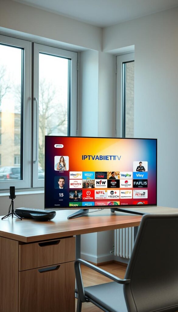 A sleek, modern digital television set displaying the IPTVANBIETERTV logo on its screen, sitting atop a clean, minimalist desk in a well-lit home office. The television screen shows a vibrant, high-definition image of various IPTV channels, with a focus on popular and premium content. The room has large windows letting in natural light, creating a warm and inviting atmosphere. The desk is made of light-colored wood, complemented by a comfortable office chair. The overall scene conveys a sense of technological sophistication and the convenience of IPTV for the modern German household.